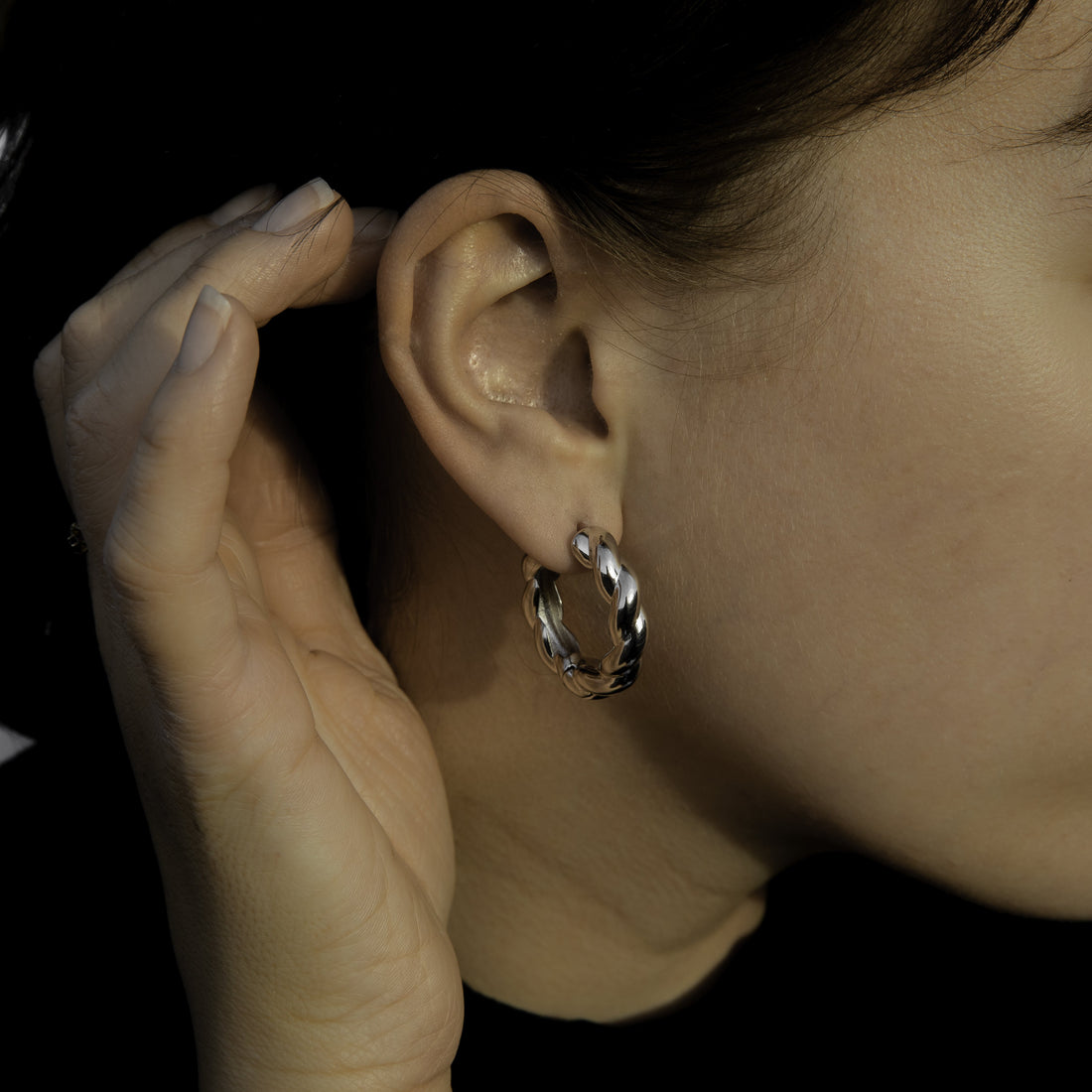 Astrid & Miyu | Elemental Huggies in Silver - 13mm | Twisted - Trendy Hoop Earrings for Her | Jewellery by Astrid & Miyu